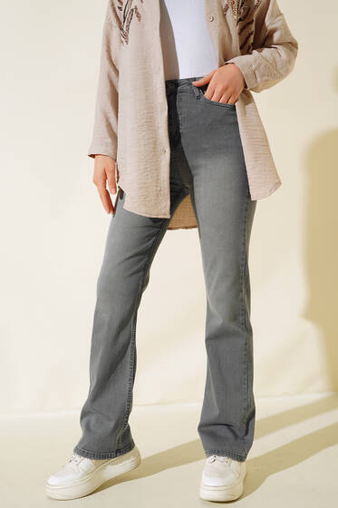 Boru Paça Likralı Kot Pantolon Açık Gri - Pantolon