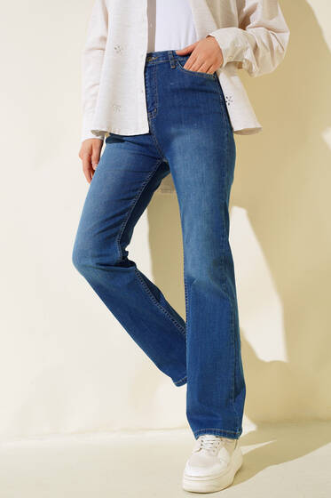 Boru Paça Likralı Kot Pantolon Koyu Mavi - Pantolon