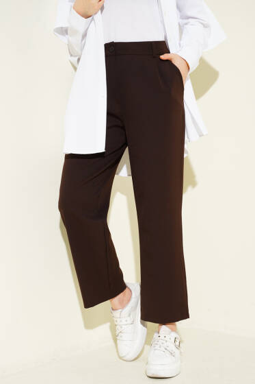 Boru Paçalı Düğmeli Dabıl Pantolon Kahve - Pantolon