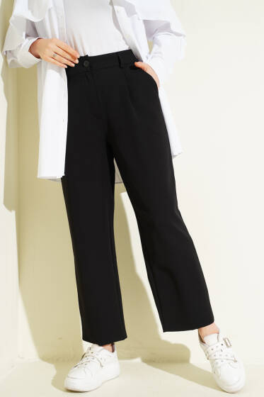 Boru Paçalı Düğmeli Dabıl Pantolon Siyah - Pantolon