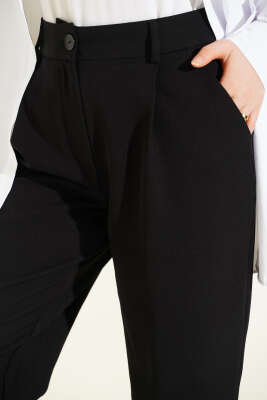 Boru Paçalı Düğmeli Dabıl Pantolon Siyah - Pantolon