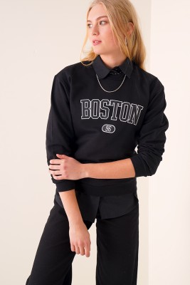 Boston Baskılı Siyah Sweatshirt - Thumbnail