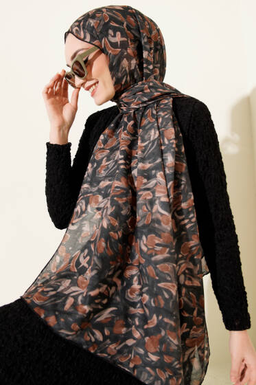 Botanik Desen Demore Şal Siyah - Başörtüsü