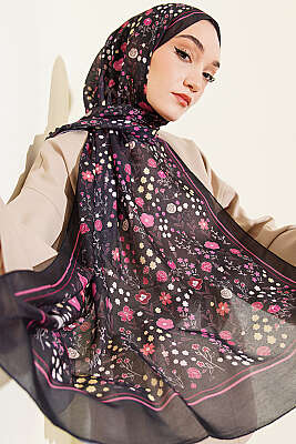 Botanik Desen Soft Şal Siyah Pembe - VERTU (NYD TEKSTİL)