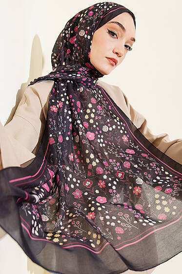 Botanik Desen Soft Şal Siyah Pembe - Başörtüsü