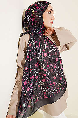 Botanik Desen Soft Şal Siyah Pembe - Başörtüsü