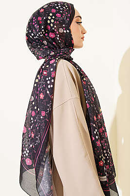 Botanik Desen Soft Şal Siyah Pembe - Başörtüsü