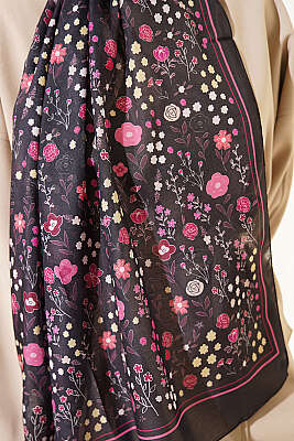 Botanik Desen Soft Şal Siyah Pembe - Başörtüsü