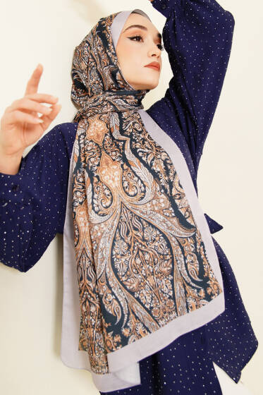 Boteh Desen Şal Lacivert Gri - Başörtüsü