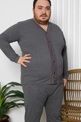 Boy Düğmeli Büyük Beden Erkek Pijama Takımı Füme Bordo - Kadın Pijama Takımı