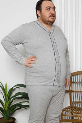 Boy Düğmeli Büyük Beden Erkek Pijama Takımı Gri - ERKEK PİJAMA