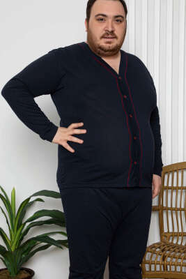 Boy Düğmeli Büyük Beden Erkek Pijama Takımı Lacivert Bordo - Kadın Pijama Takımı