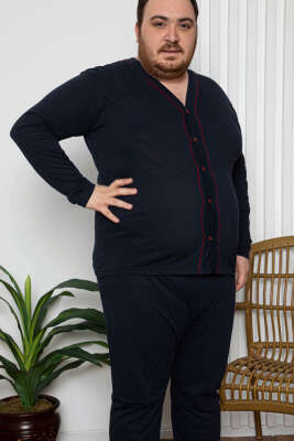 Boy Düğmeli Büyük Beden Erkek Pijama Takımı Lacivert Yeşil - Kadın Pijama Takımı