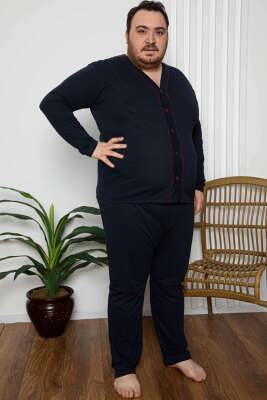 Boy Düğmeli Büyük Beden Erkek Pijama Takımı Lacivert Yeşil - Kadın Pijama Takımı