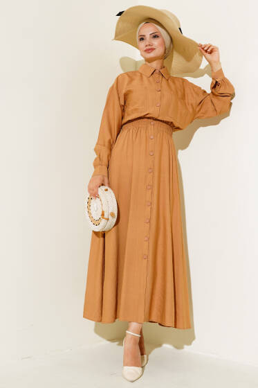 Boy Düğmeli Çift Cepli Elbise Camel - Elbise