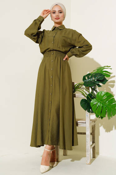 Boy Düğmeli Çift Cepli Elbise Haki - Etek