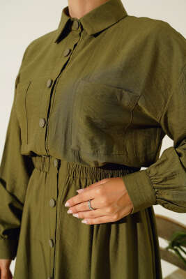 Boy Düğmeli Çift Cepli Elbise Haki - Uzun Etek