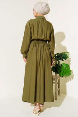 Boy Düğmeli Çift Cepli Elbise Haki - Uzun Etek