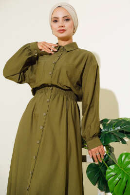 Boy Düğmeli Çift Cepli Elbise Haki - Uzun Etek