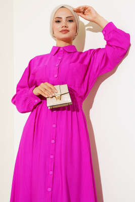Boy Düğmeli Çift Cepli Elbise Menekşe - Tesettür Elbise