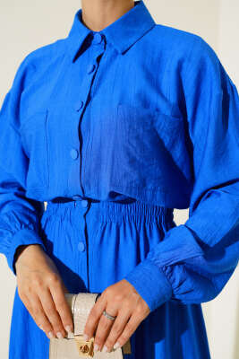 Boy Düğmeli Çift Cepli Elbise Saks - Tesettür Elbise