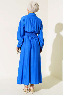 Boy Düğmeli Çift Cepli Elbise Saks - Tesettür Elbise