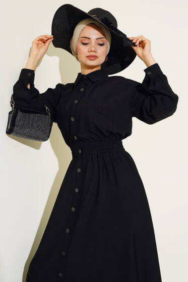 Boy Düğmeli Çift Cepli Elbise Siyah - Elbise