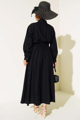 Boy Düğmeli Çift Cepli Elbise Siyah - Tesettür Elbise