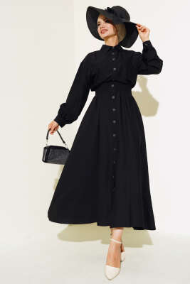 Boy Düğmeli Çift Cepli Elbise Siyah - Tesettür Elbise