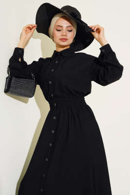 Boy Düğmeli Çift Cepli Elbise Siyah - Tesettür Elbise
