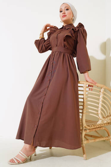 Boy Düğmeli Fırfırlı Elbise Kahve - Elbise