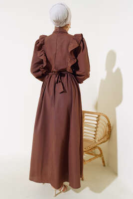 Boy Düğmeli Fırfırlı Elbise Kahve - Elbise