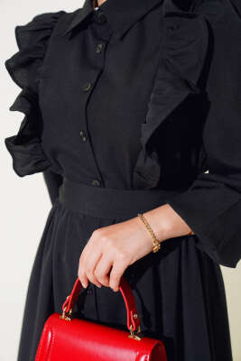 Boy Düğmeli Fırfırlı Elbise Siyah - Elbise