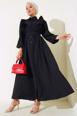 Boy Düğmeli Fırfırlı Elbise Siyah 