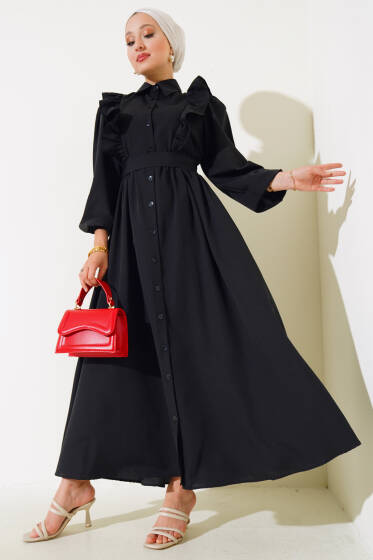 Boy Düğmeli Fırfırlı Elbise Siyah - Elbise