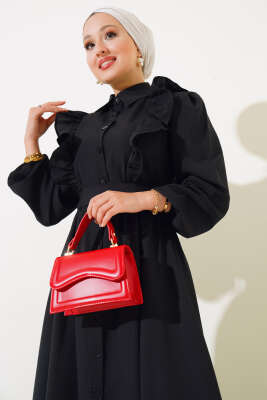 Boy Düğmeli Fırfırlı Elbise Siyah - Elbise