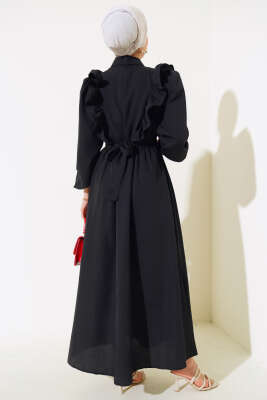 Boy Düğmeli Fırfırlı Elbise Siyah - Elbise