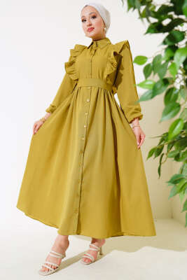 Boy Düğmeli Fırfırlı Elbise Yağ Yeşili 