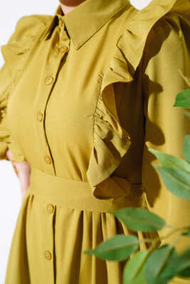 Boy Düğmeli Fırfırlı Elbise Yağ Yeşili - Elbise