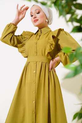 Boy Düğmeli Fırfırlı Elbise Yağ Yeşili - Elbise