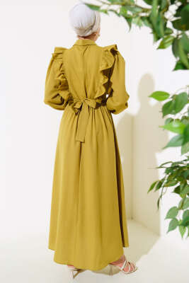 Boy Düğmeli Fırfırlı Elbise Yağ Yeşili - Elbise