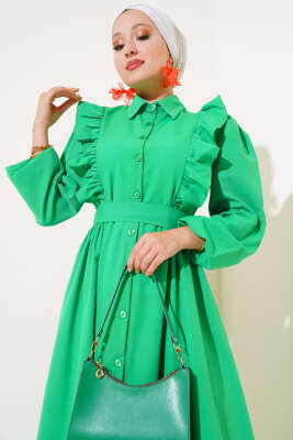 Boy Düğmeli Fırfırlı Elbise Yeşil - Elbise