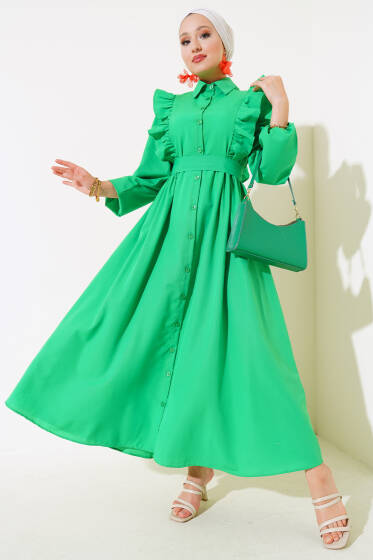 Boy Düğmeli Fırfırlı Elbise Yeşil - Elbise