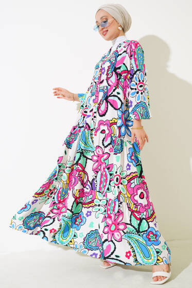 Boy Düğmeli Salaş Desenli Elbise Beyaz - Elbise