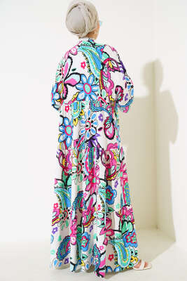 Boy Düğmeli Salaş Desenli Elbise Beyaz - Tesettür Elbise