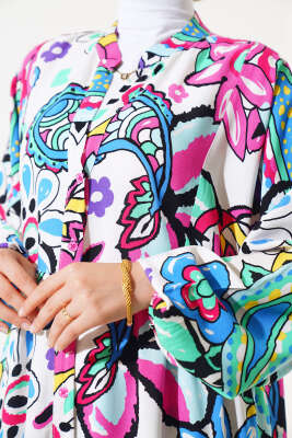 Boy Düğmeli Salaş Desenli Elbise Beyaz - Tesettür Elbise