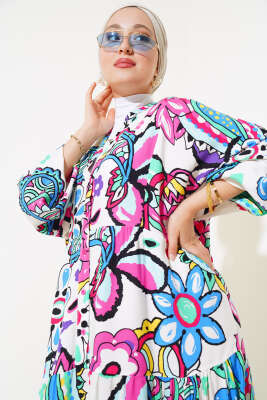 Boy Düğmeli Salaş Desenli Elbise Beyaz - Tesettür Elbise