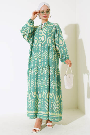 Boy Düğmeli Salaş Desenli Elbise Çağla Yeşili - Elbise