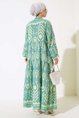 Boy Düğmeli Salaş Desenli Elbise Çağla Yeşili - Tesettür Elbise