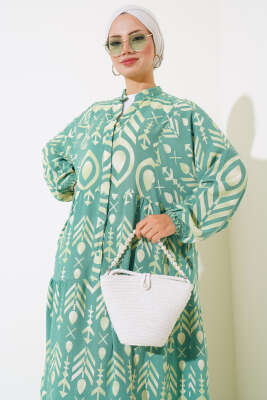 Boy Düğmeli Salaş Desenli Elbise Çağla Yeşili - Tesettür Elbise